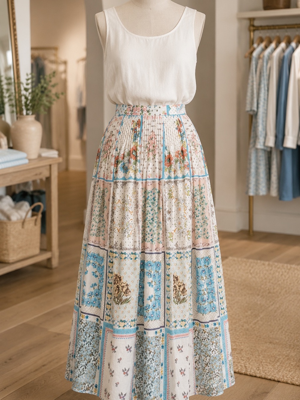 Hunter Bell Floral Patchwork Midi Fallon Skirt in Cream and Blue NWT